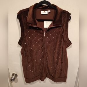 Quacker Factory NWT Embellished Brown Velour Full Zip Vest Sz 1X Casual Outdoor